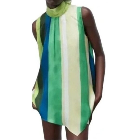 New Zara Satin Striped Back Tie Bow Sleeveless Asymmetric Tunic Blouse Top - Picture 1 of 10